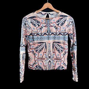 Abercrombie & Fitch Boho Embroidered Long Sleeve Top, Mesh Back with Shell